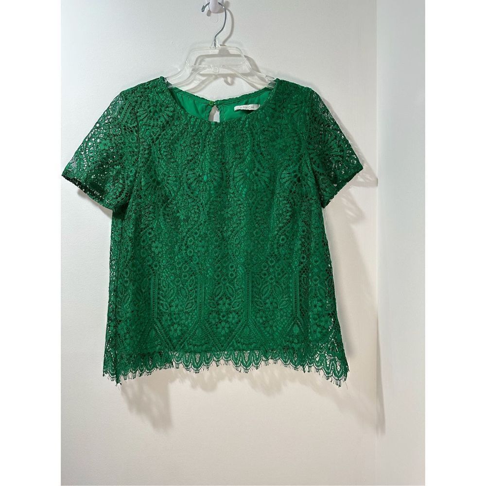FRNCH women’s short sleeve green lace overlay top button closure size S #35-0890